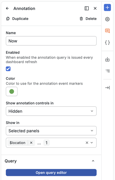 A Grafana annotation named “Now”. Its controls are hidden and it is shown in a panel named `$location`.