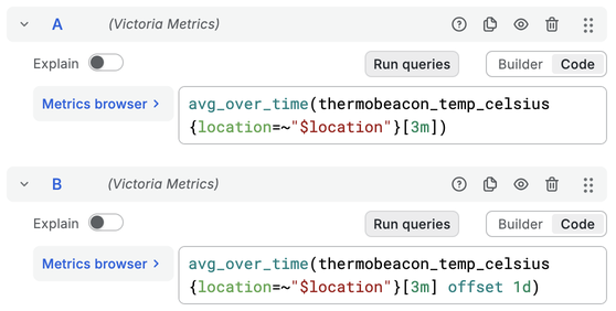 A: avg_over_time(thermobeacon_temp_celsius{location=~"$location"}[3m])

B: avg_over_time(thermobeacon_temp_celsius{location=~"$location"}[3m] offset 1d)