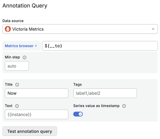 The annotation query for “Now”. The query itself is `${__to}` and “Series value as timestamp” is enabled.